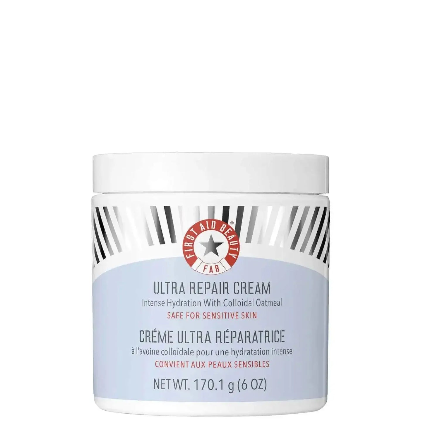 First Aid Beauty Ultra Repair Cream jar for intense hydration, suitable for sensitive skin, 6 oz size.