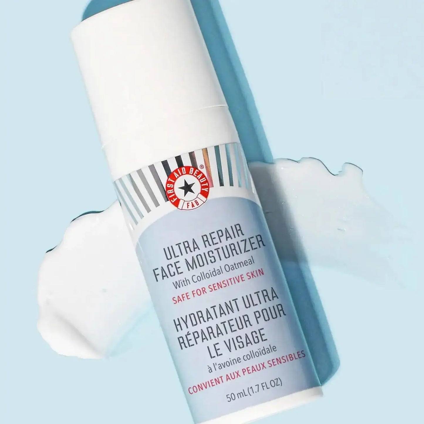 First Aid Beauty Ultra Repair Face Moisturizer 50ml with colloidal oatmeal, ideal for sensitive skin hydration.