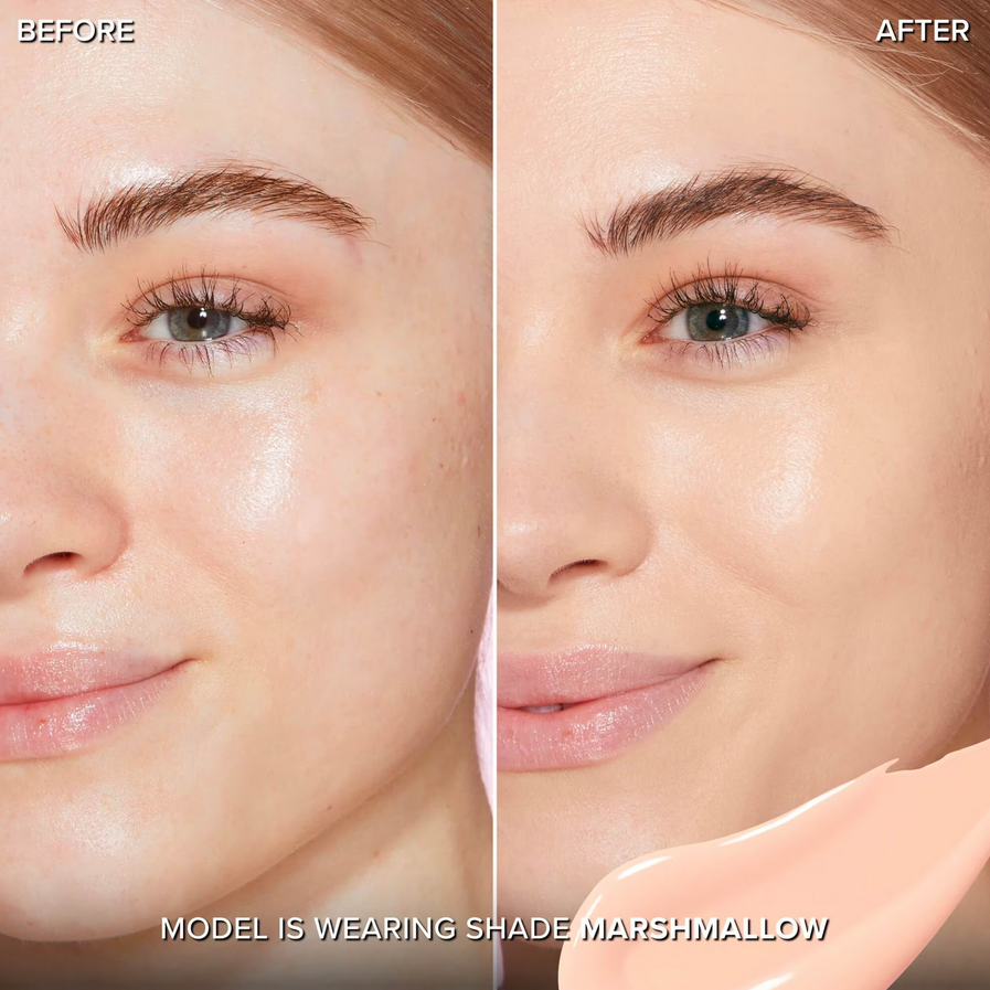 Before and after photo showing the effect of Too Faced Born This Way Super Coverage Multi Use Concealer on a model.