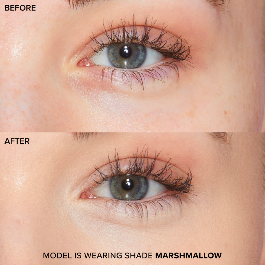 Before and after image showcasing eye makeup with Too Faced concealer in Marshmallow shade, highlighting improved look.