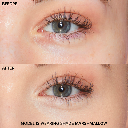 Before and after image showcasing eye makeup with Too Faced concealer in Marshmallow shade, highlighting improved look.
