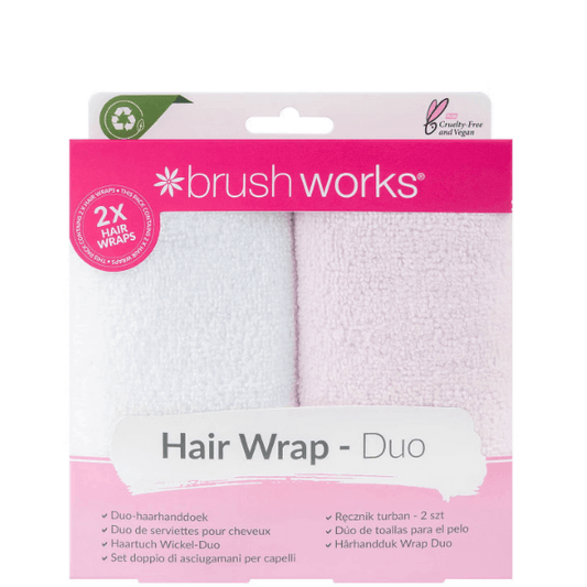 Brushworks Hair Wrap Duo package featuring two super-absorbent microfiber hair wraps in pink and white.
