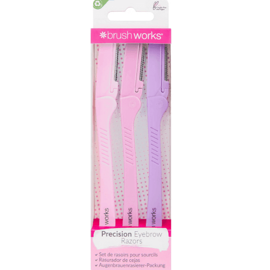 Brushworks Eyebrow Razors set in pink and purple packaging for precision grooming and pain-free hair removal.