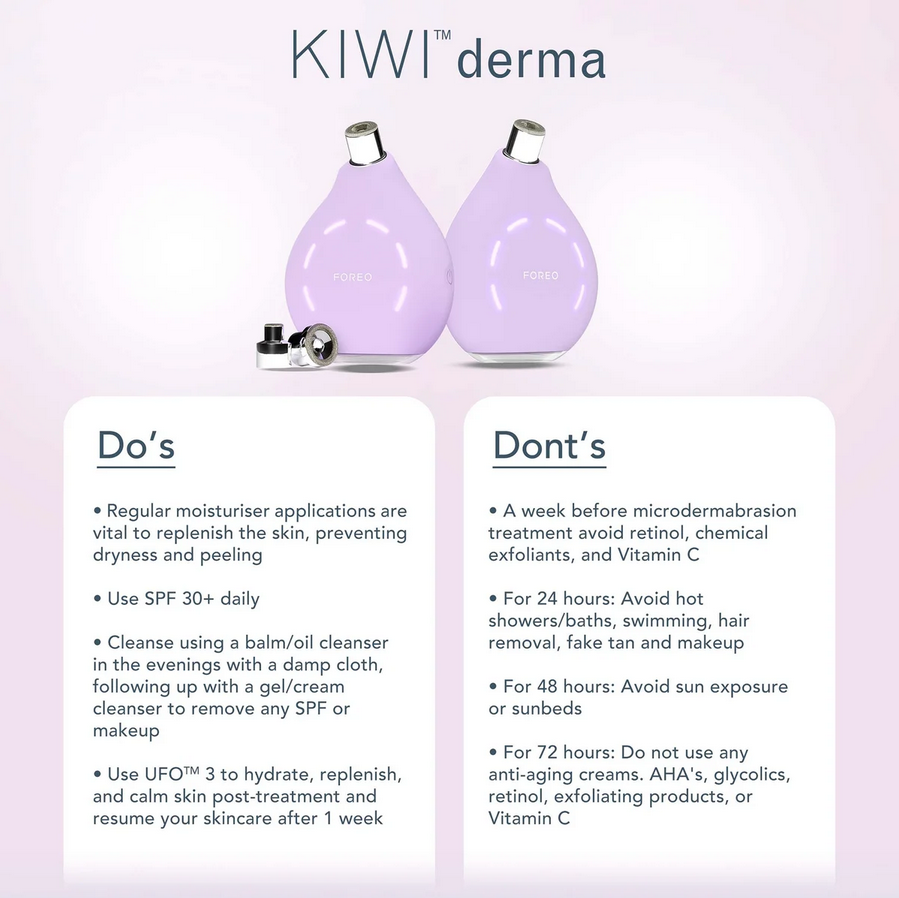 KIWI derma skincare products with usage instructions on a light purple background