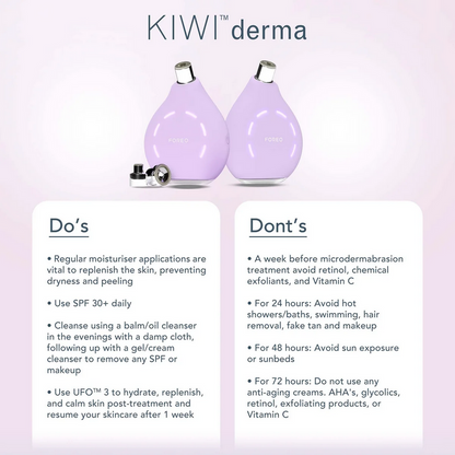 KIWI derma skincare products with usage instructions on a light purple background