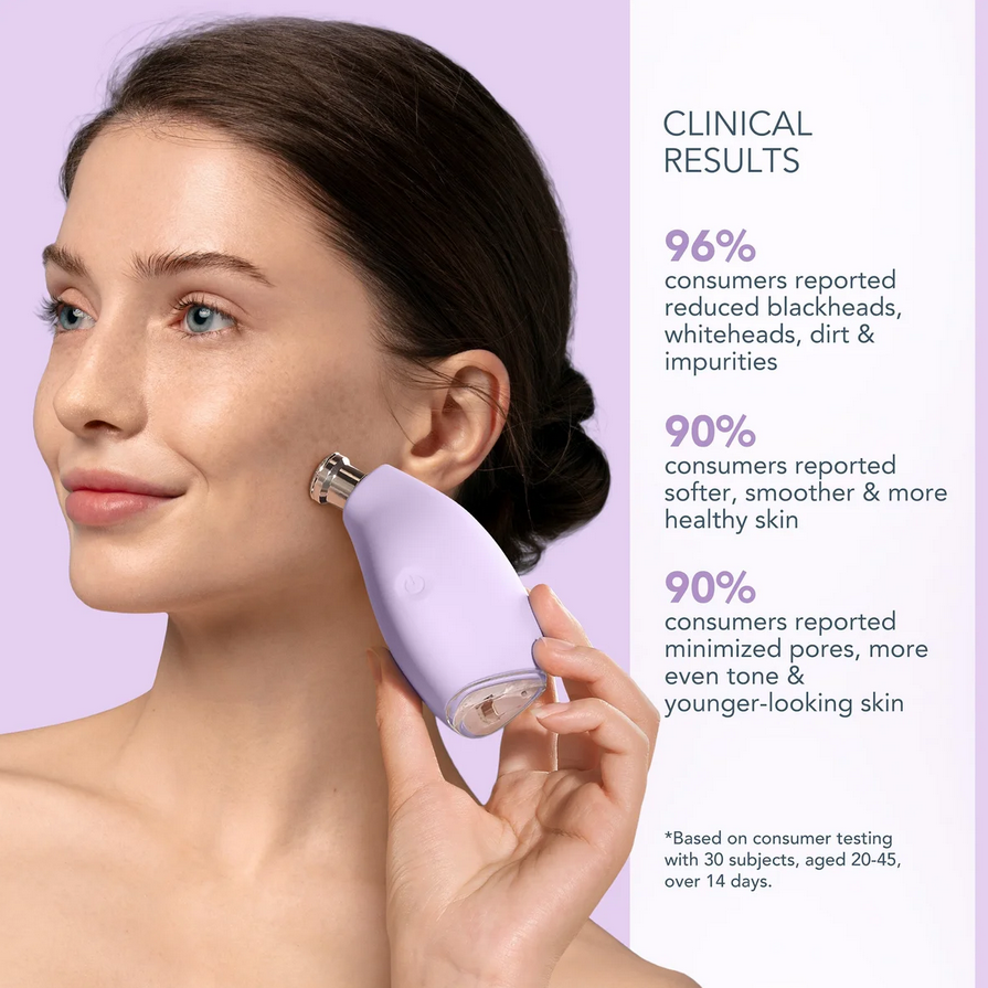 Woman using a skincare device on her face with clinical results text on the side.