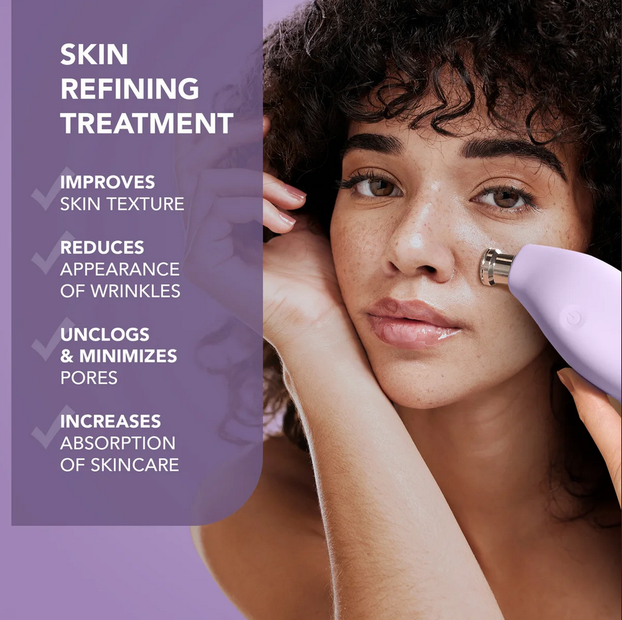 Woman using a skin refining treatment device with text on a purple background