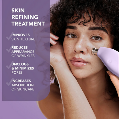 Woman using a skin refining treatment device with text on a purple background