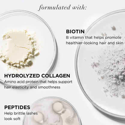 Three glass bowls with powders labeled 'Biotin', 'Hydrolyzed Collagen', and 'Peptides' on a white background. IT Cosmetics 