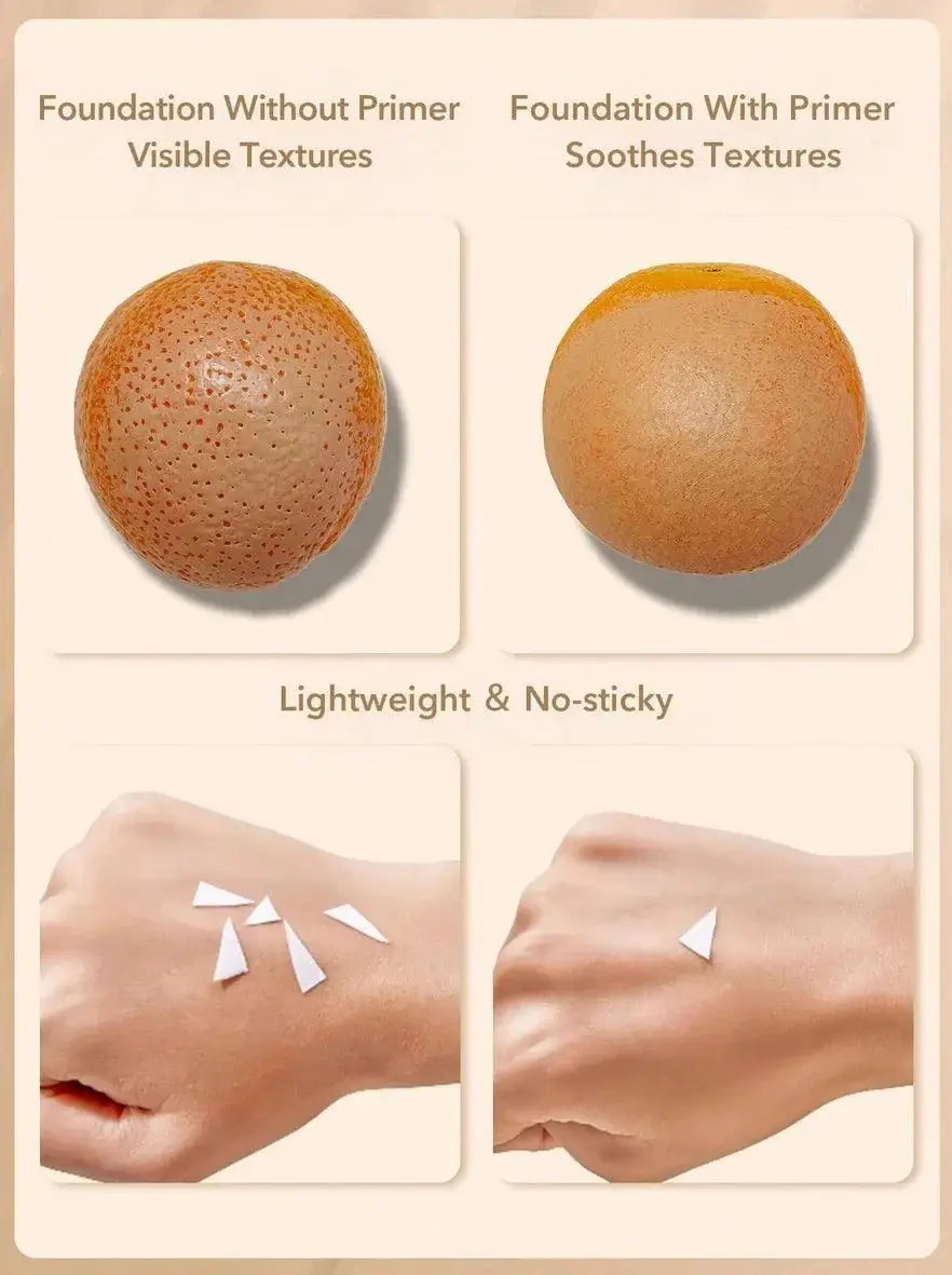 Comparative image showing foundation effects with and without primer, highlighting smooth texture results.