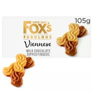 Fox's Biscuits Viennese Milk Chocolate Dipped Fingers 105g packaging with biscuits displayed.