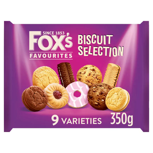 Fox's Favourites Biscuit Selection 350g featuring 9 delicious varieties of biscuits, perfect for vegetarians.