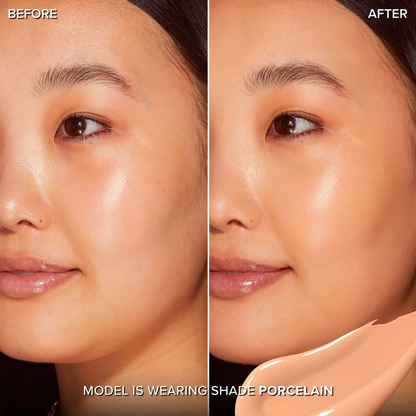 Before and after image showcasing Too Faced concealer results on model, wearing shade Porcelain for a flawless complexion.