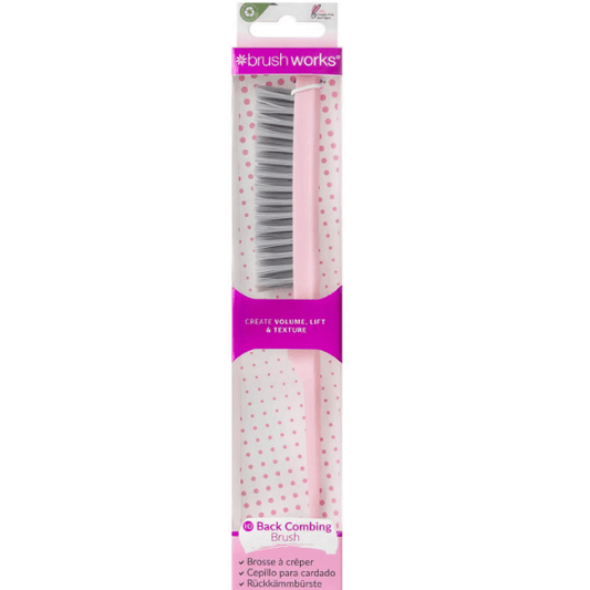 Brushworks HD Back Comb Brush in pink packaging, featuring slender pin tail and nylon bristles for perfect up-dos.