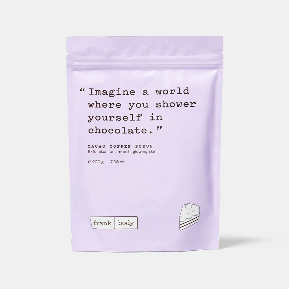 Purple packaging of Cacao Coffee Scrub with text and 'frank body' branding on a white background