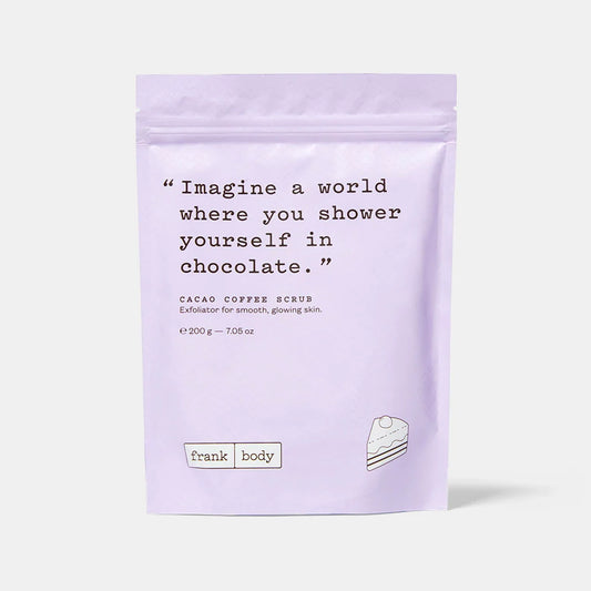 Purple packaging of Cacao Coffee Scrub with text and 'frank body' branding on a white background