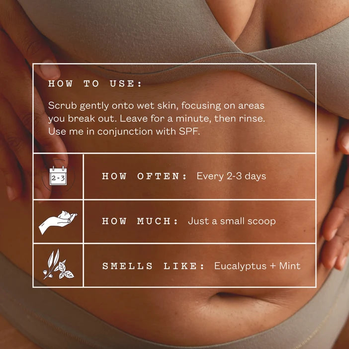 Product use instructions overlayed on a close-up of skin with a scrub application.
