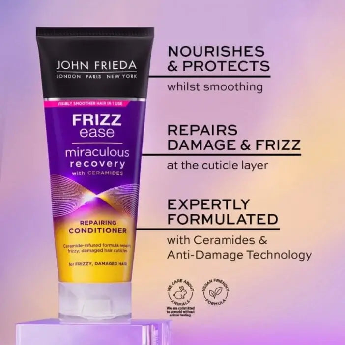 John Frieda Frizz Ease conditioner bottle with product description on a gradient background