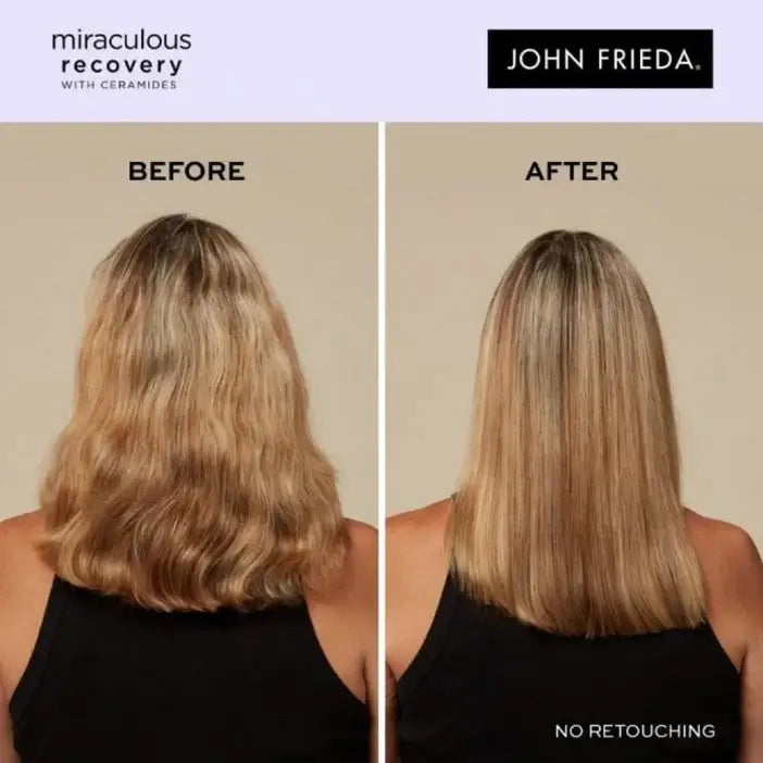 Before and after comparison of hair treatment with John Frieda Miraculous Recovery logo.