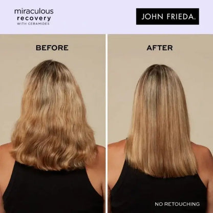 Before and after comparison of hair treatment with John Frieda Miraculous Recovery logo.