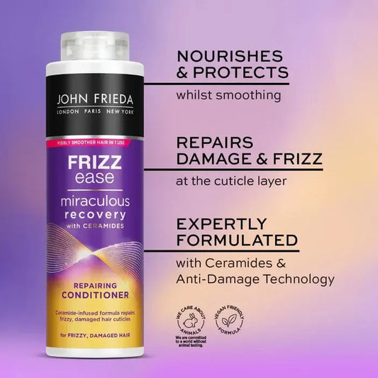 John Frieda Frizz Ease conditioner bottle with product features on a gradient purple background