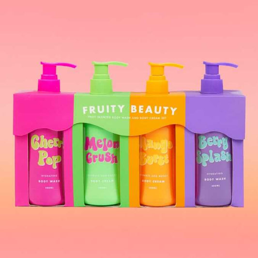 Fruity Beauty Body Wash & Cream Set featuring Cherry Pop, Melon Crush, Mango Burst, and Berry Splash.