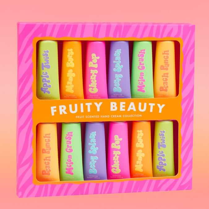 Fruity Beauty Hand Cream Collection 12 Pack featuring vibrant fruit scents in colorful tubes.