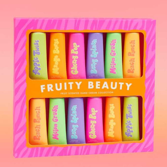 Fruity Beauty Hand Cream Collection 12 Pack featuring vibrant fruit scents in colorful tubes.