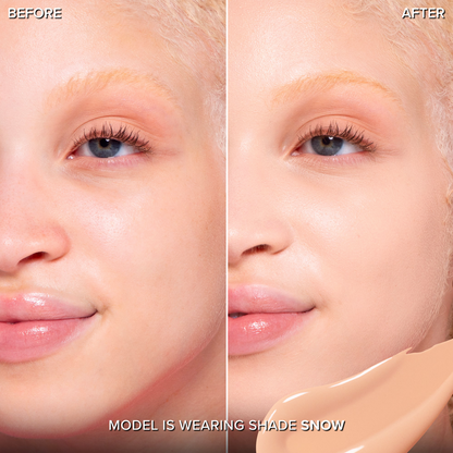 Before and after comparison of model using Too Faced Born This Way Super Coverage Multi Use Concealer in shade Snow.
