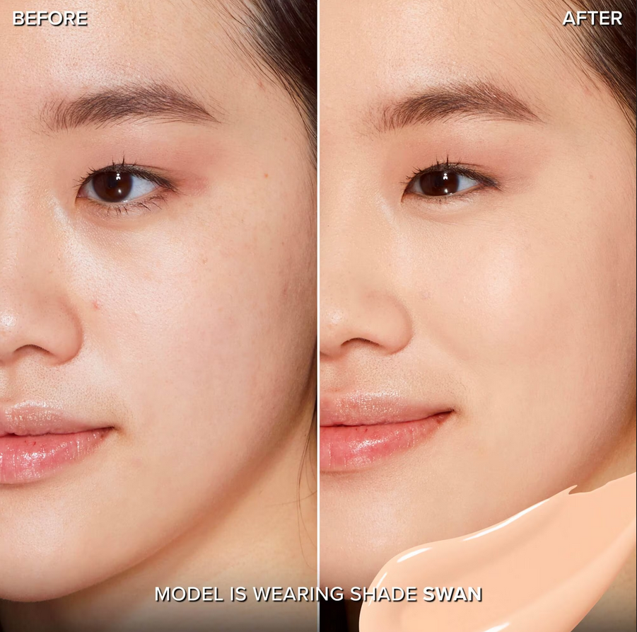 Before and after image showing flawless skin with Too Faced Born This Way Super Coverage Multi Use Concealer in shade Swan.