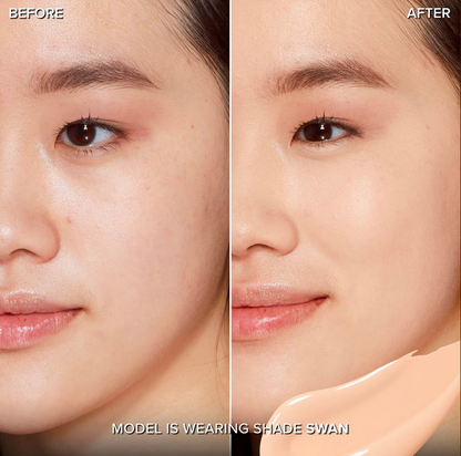 Before and after image showing flawless skin with Too Faced Born This Way Super Coverage Multi Use Concealer in shade Swan.