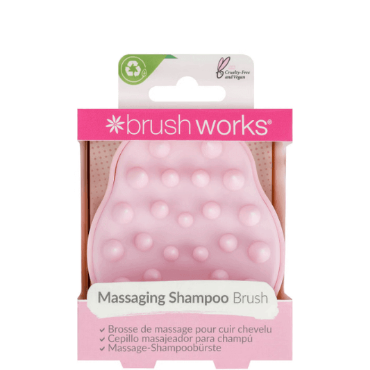 Brushworks Massaging Shampoo Brush in pink packaging for scalp exfoliation and healthy hair growth.