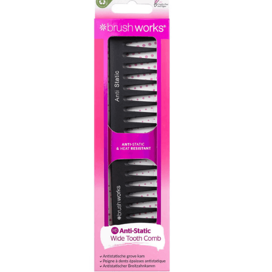 Brushworks HD Anti-Static Wide Tooth Comb packaging showcasing its anti-static and heat-resistant features.