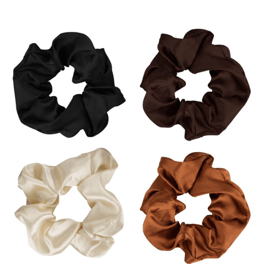 Brushworks Nude Satin Scrunchies pack of 4 in black, brown, cream, and rust colors on a white background.