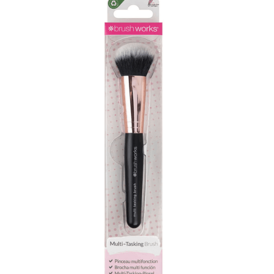 Brushworks Multi-Tasking Brush with tapered dome shape for blending and buffing makeup, featuring synthetic taklon bristles.