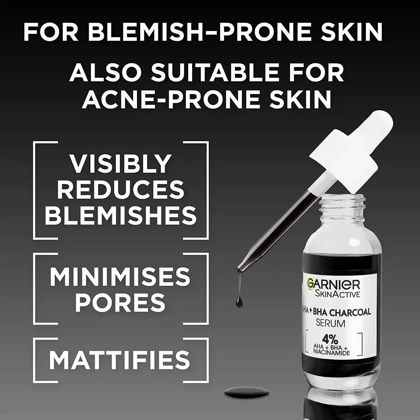 Garnier Skinactive 4% AHA + BHA charcoal serum for blemish-prone skin, visibly reduces blemishes and minimizes pores.