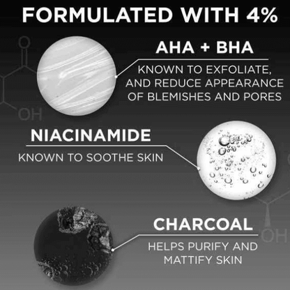 Garnier Skinactive serum ingredients AHA, BHA, Niacinamide, and Charcoal for clearer, smoother skin.
