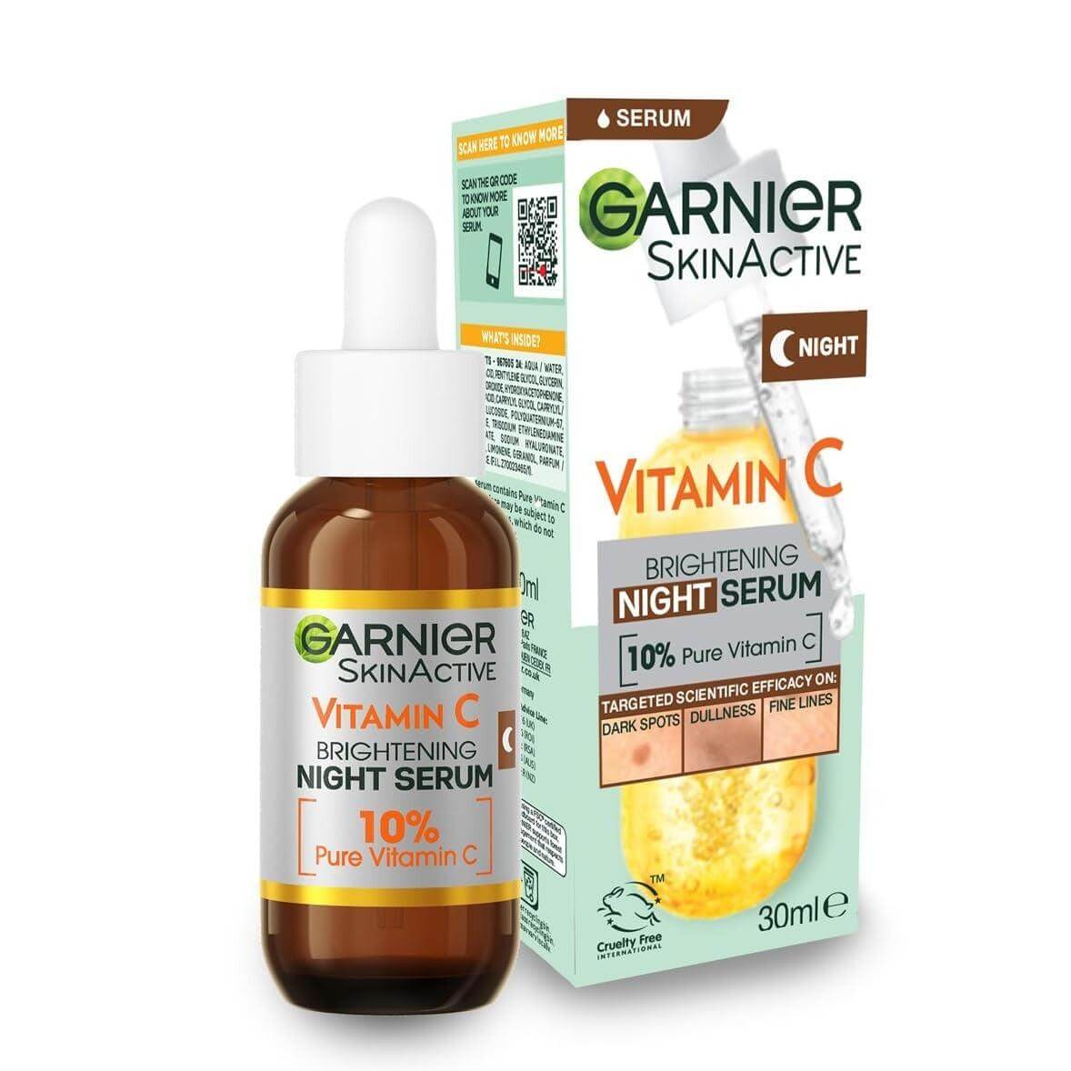 Garnier Targeted Vitamin C Anti Dark Spot Night Serum 30ml for brightening skin and reducing pigmentation.