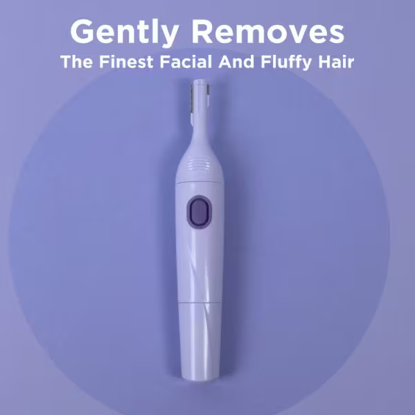 Wilkinson SwordWhite electric hair removal device on a purple background with text about hair removal.