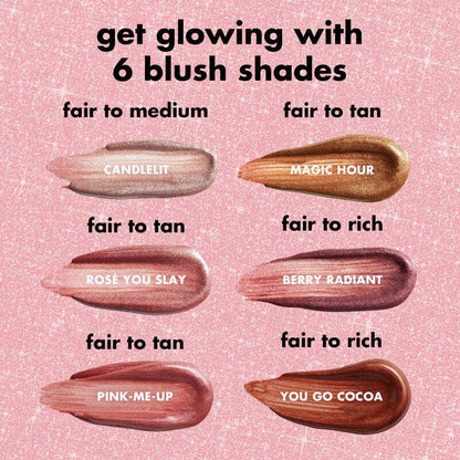 e.l.f Halo Glow Blush Wand shades on a pink background: Candlelit, Magic Hour, Rosé You Slay, Berry Radiant, Pink-Me-Up, You Go Cocoa.