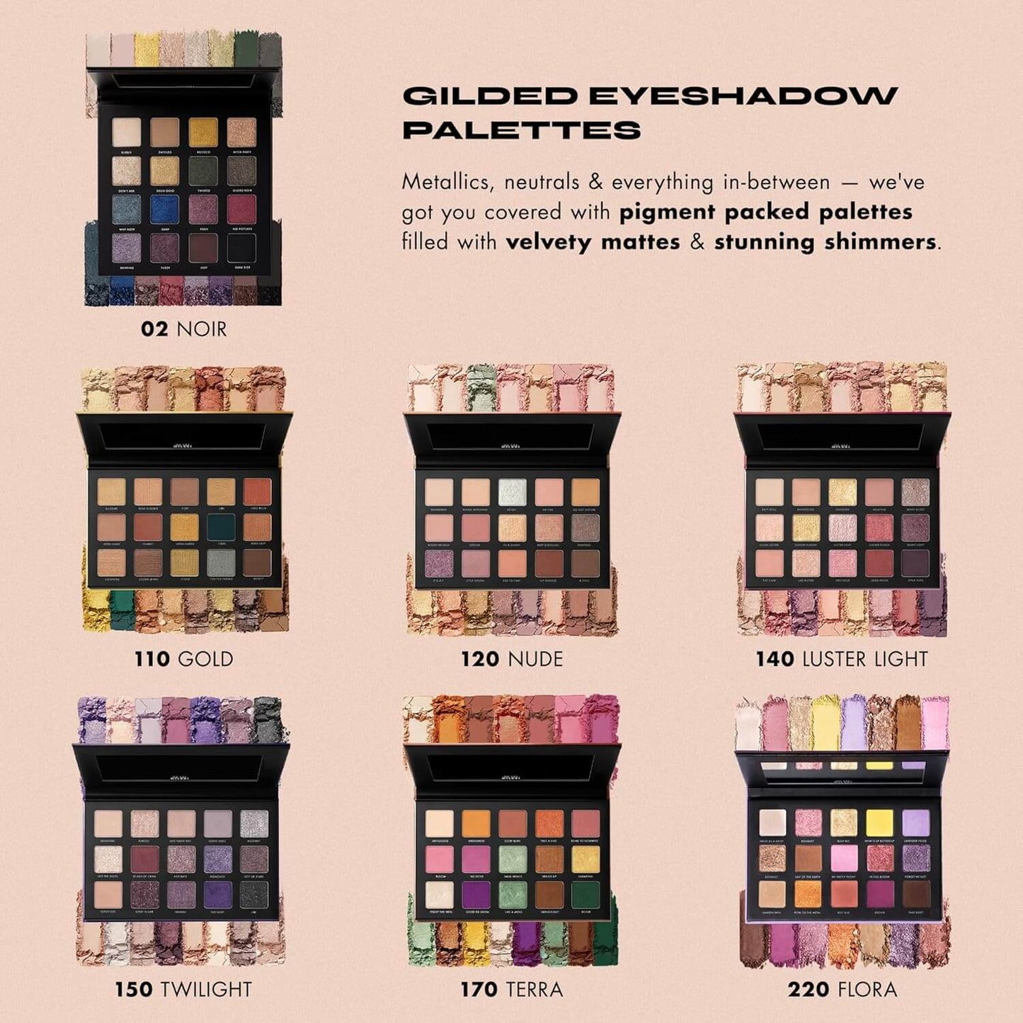 Milani Gilded Gold Eyeshadow Palette collection showcasing 6 palettes with rich shades and textures.