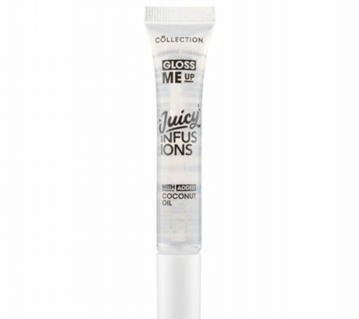 Collection Gloss Me Up Juicy Infusion Lip Gloss with coconut oil in clear tube for glossy, hydrating lips.