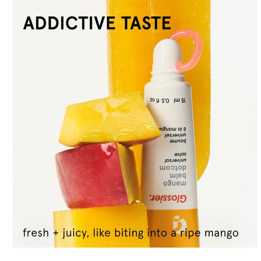 Glossier product with mango-themed packaging and text about taste and texture.
