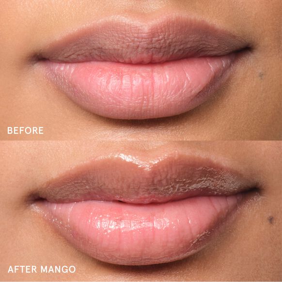 Before and after comparison of lips with Glossier 'After Mango' makeup application.