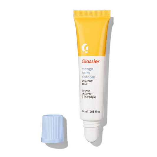 Glossier mango balm dot com tube on a white background