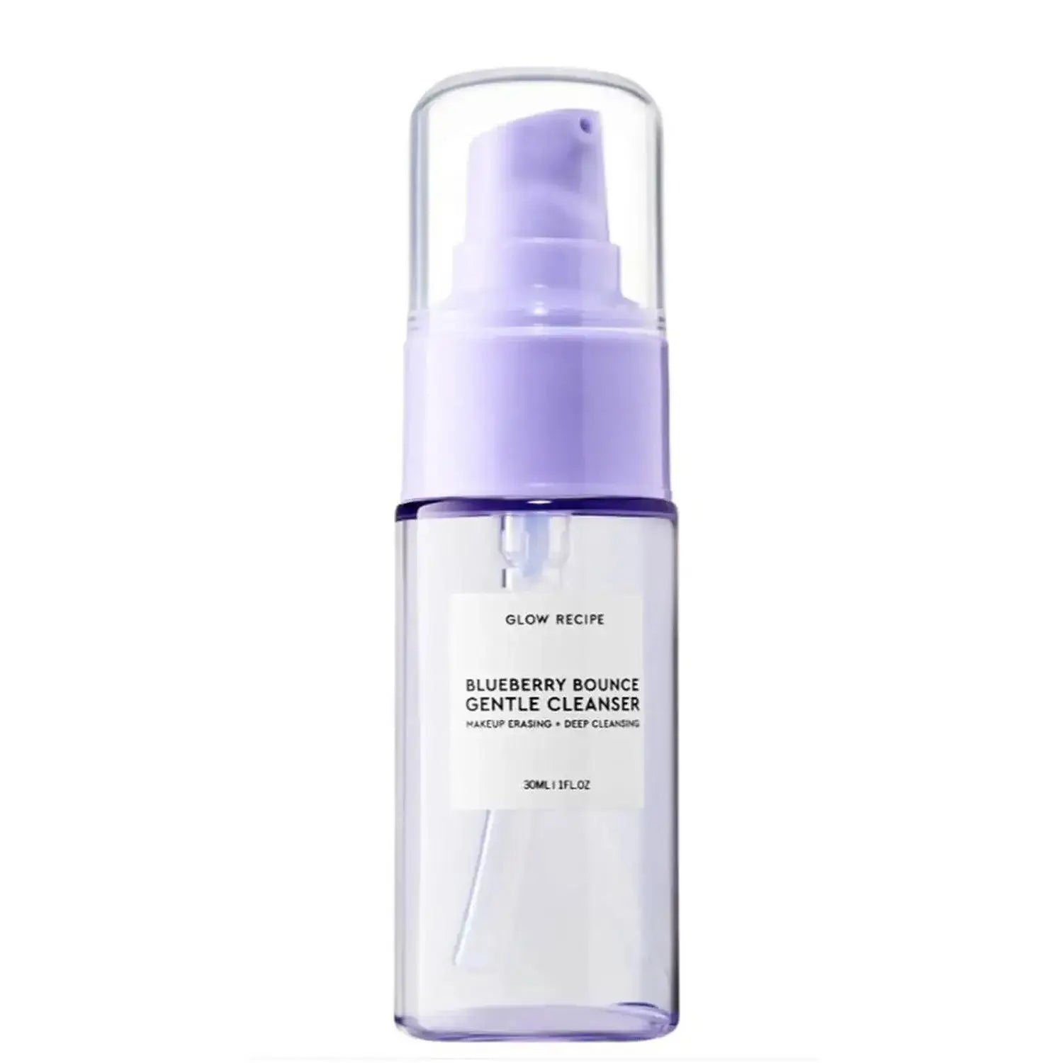 GLOW RECIPE Blueberry Bounce Gentle Cleanser 30ml bottle with pump for deep hydration and makeup removal.