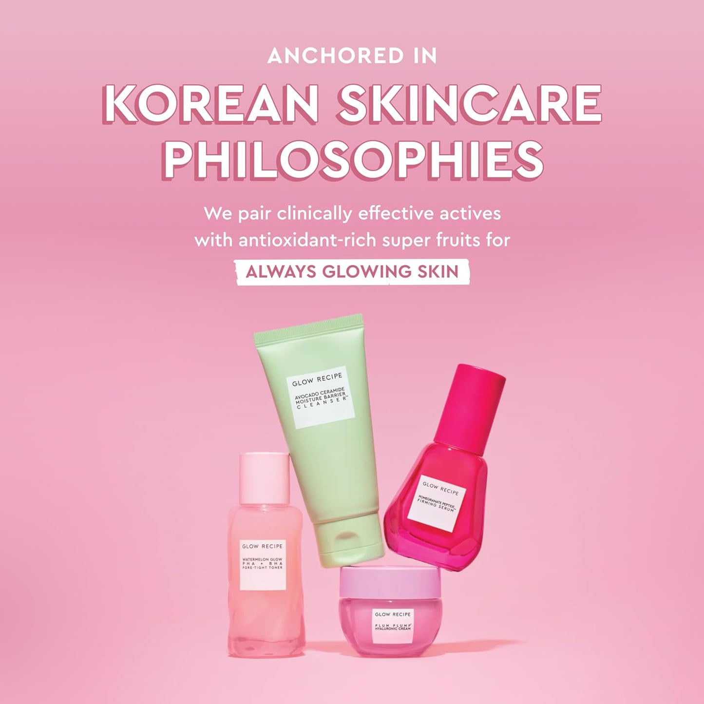 Four Glow Recipe skincare products on a pink background with text about Korean skincare philosophies.