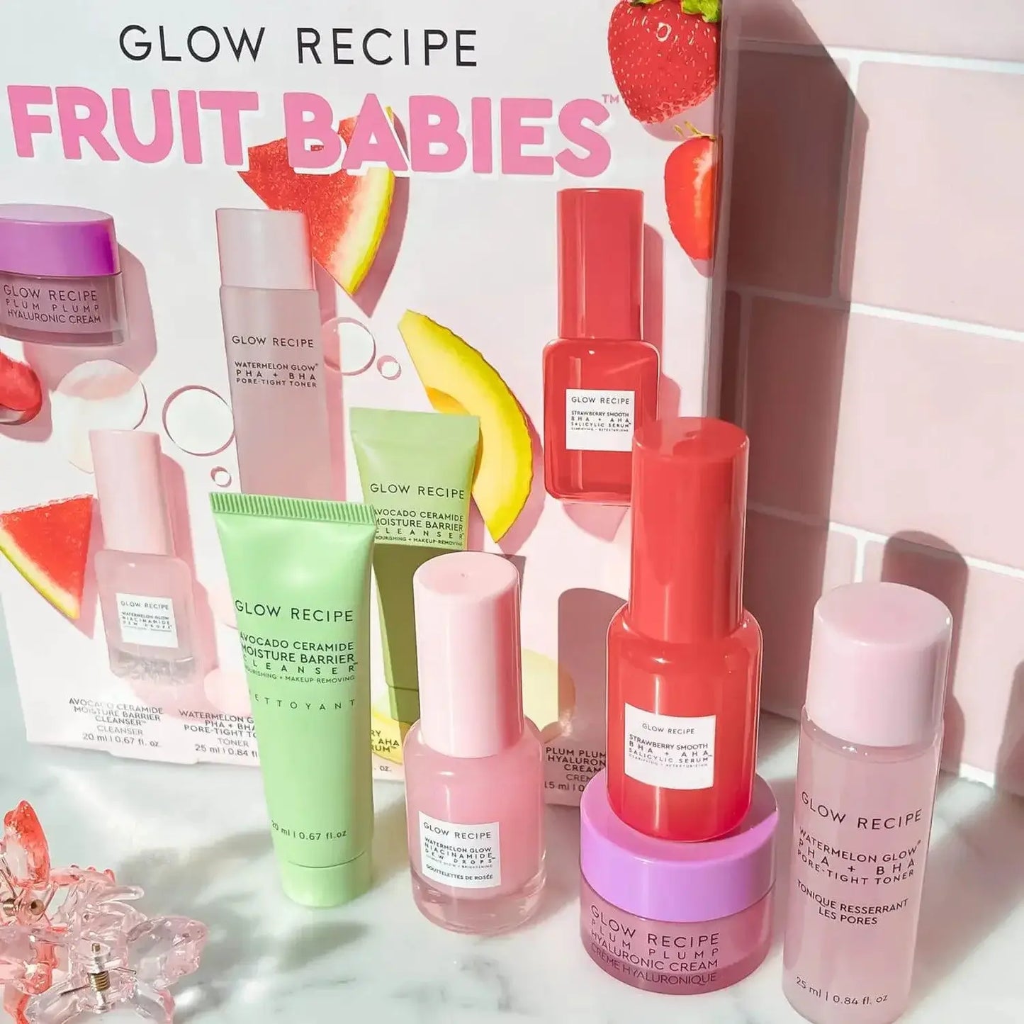 Glow Recipe Fruit Babies Set with colorful mini skincare bottles and fruity packaging for a glowing skincare routine.