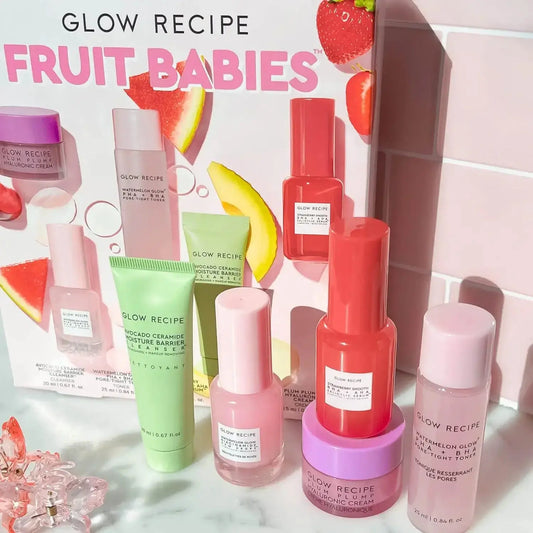 Glow Recipe Fruit Babies Set with colorful mini skincare bottles and fruity packaging for a glowing skincare routine.