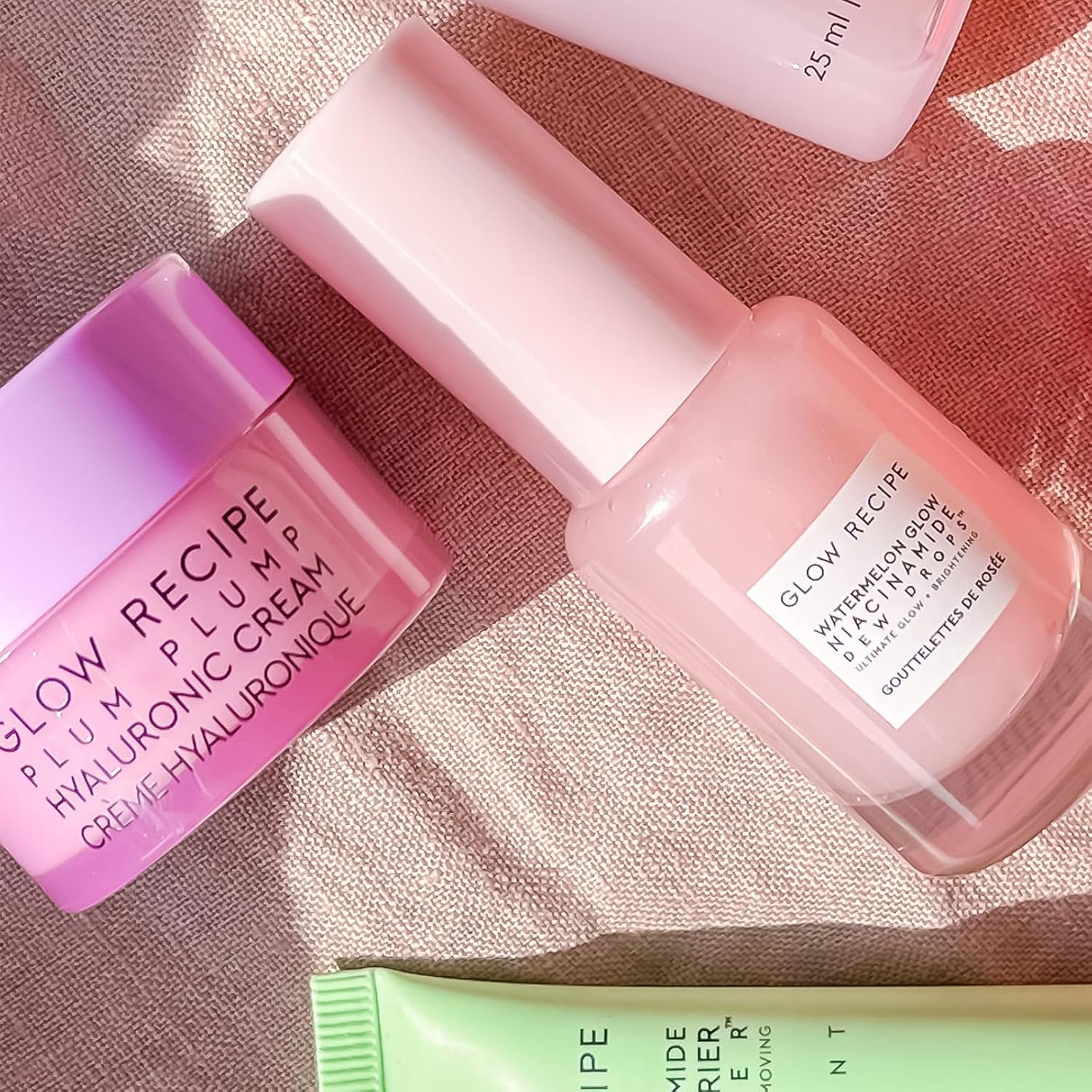 Pink Glow Recipe skincare product with text on a textured surface